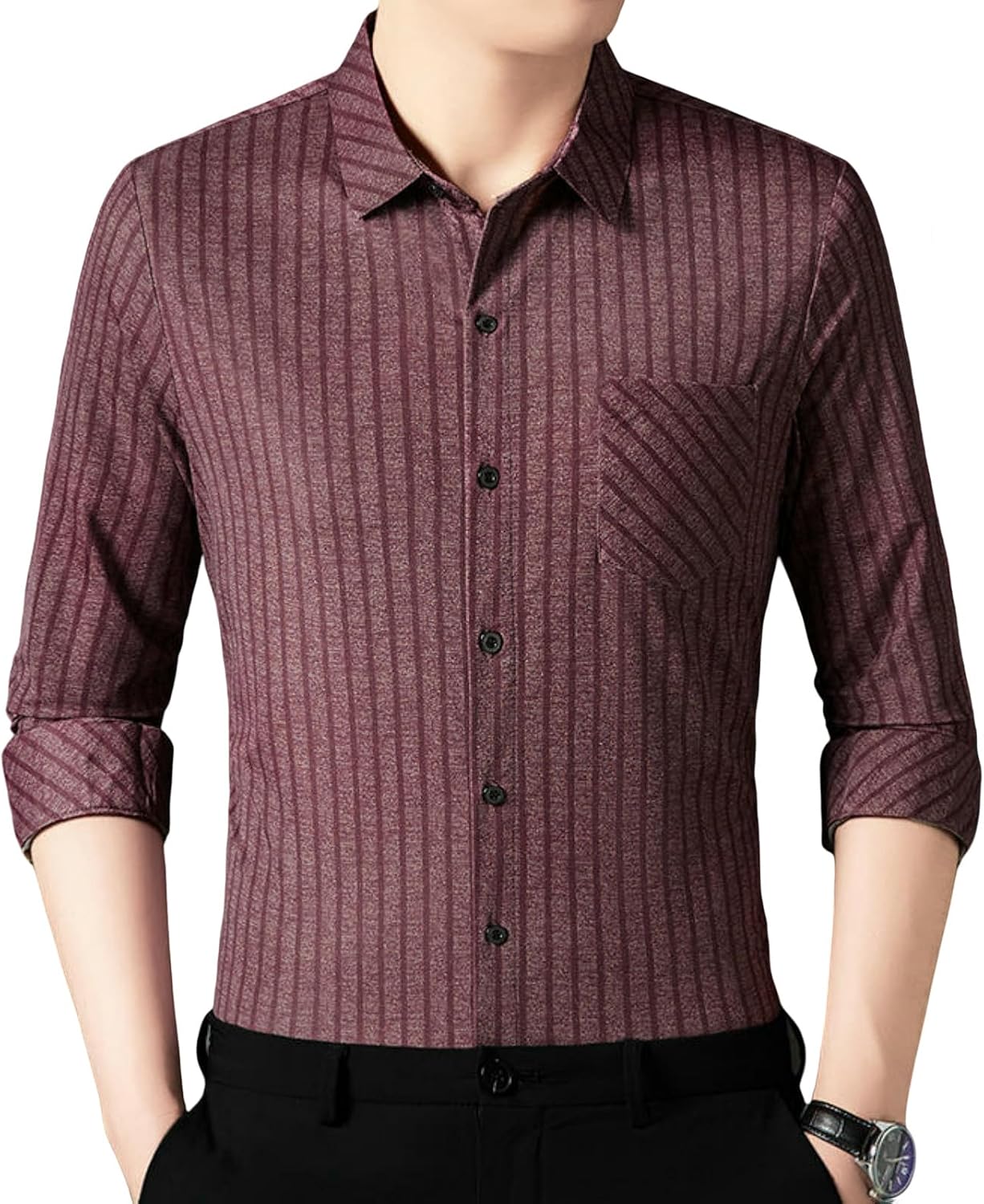 Men's Spring Middle-Aged Striped Lapel Long Sleeve Shirt