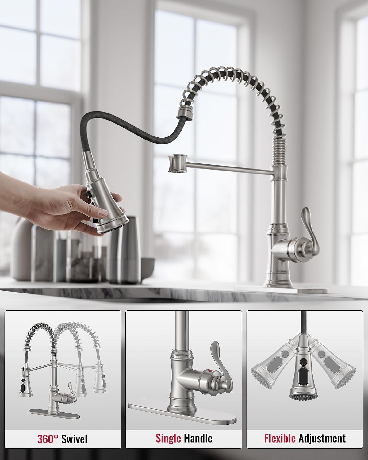 Kitchen Sink Faucet Brushed Nickel with Deck Plate High Arc Single Handle Singe Lever with Pull Down Sprayer Spring Kitchen Faucet 3 Function Farmhouse Bar Kitchen Faucets by Homevacious