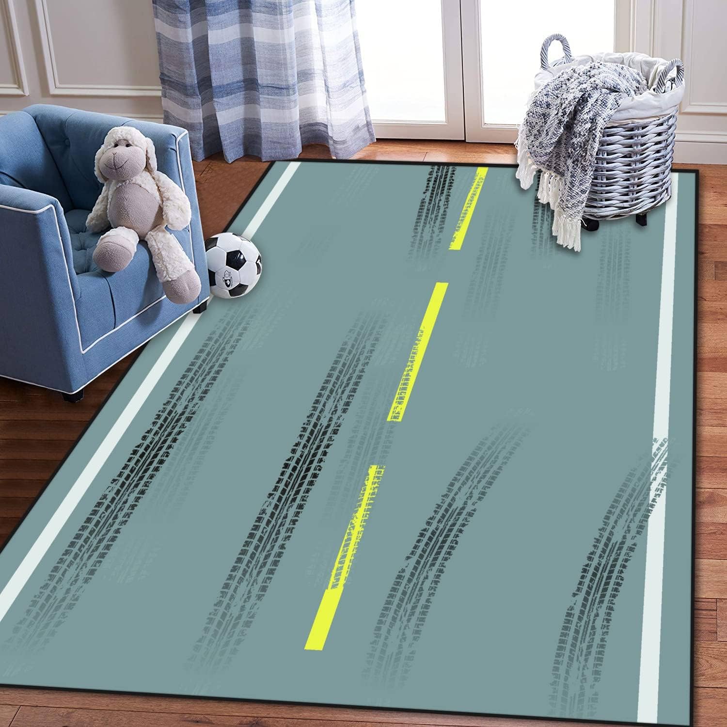 ZCVJPZHZMS Kids Play Area Rugs Grey Road with tire Tracks