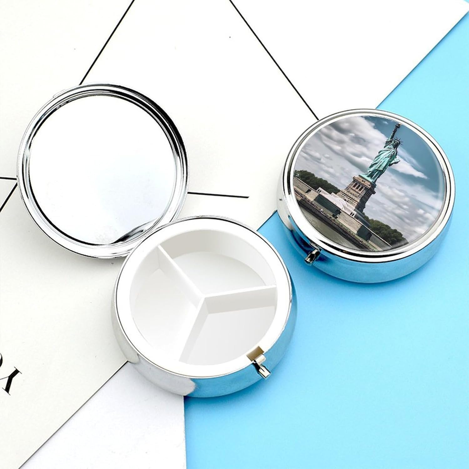 Round Silver Pill Box Small Pill Case for Purse and Pocket 3 Compartment