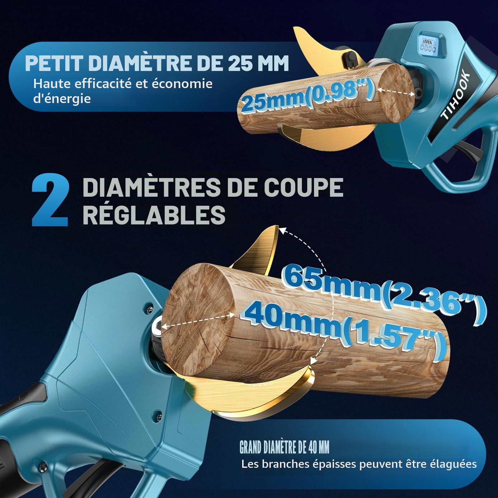 Sécateur Électrique Sans Fil 2 en 1, Moteur Sans Balais de 40 mm, Perche de 2,5 m, Coupe Maximale de 60 mm Pour Batterie Makita BL-18 V, avec Écran LCD, Pour le Jardinage (Sans Batterie)