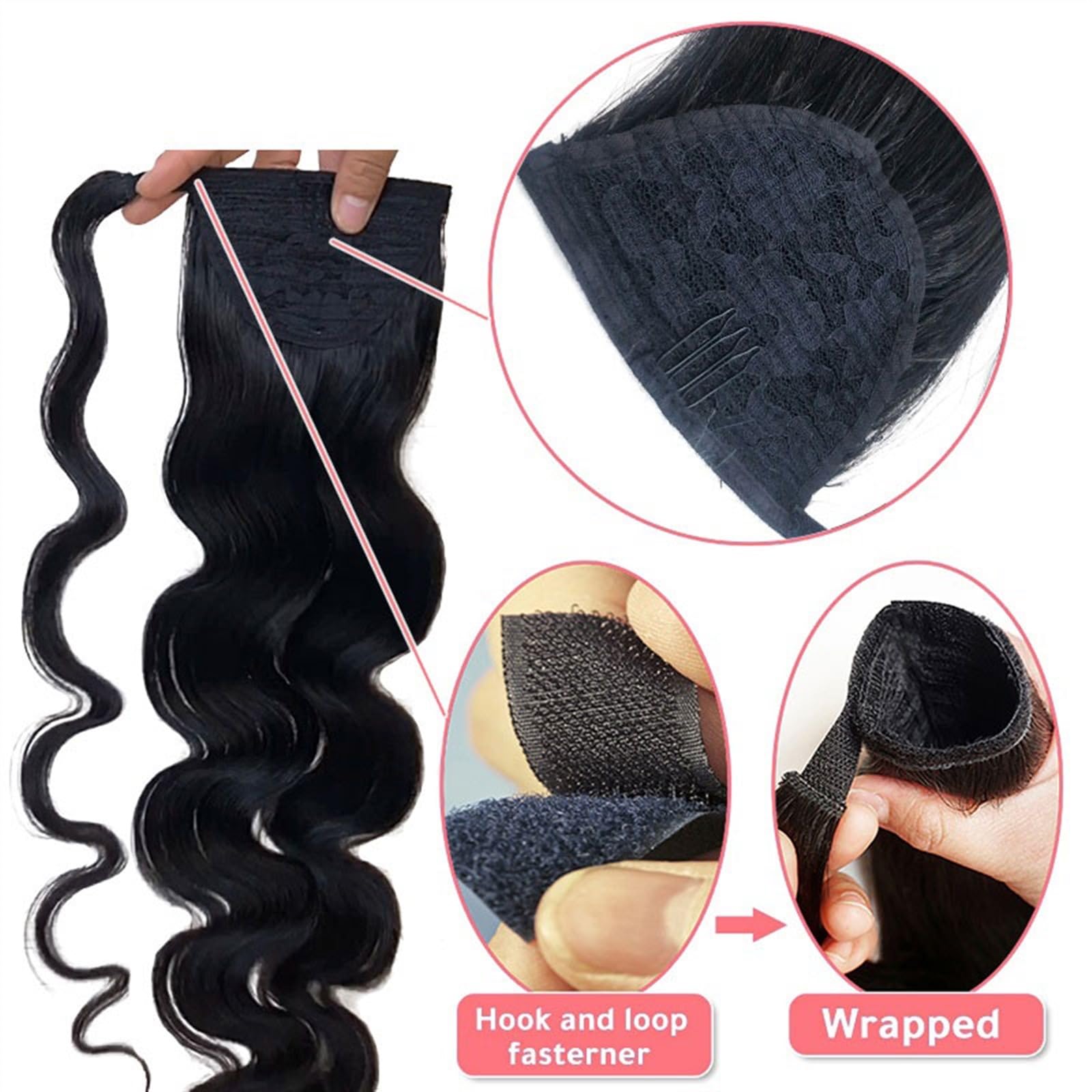 Kucyk okrągły sznurek do noszenia na głowie treski dla kobiet Body Wave kucyk ludzkie spinki do włosów w brazylijskich ludzkich włosów Remy Hair Extensions (czarny, 26 cali)