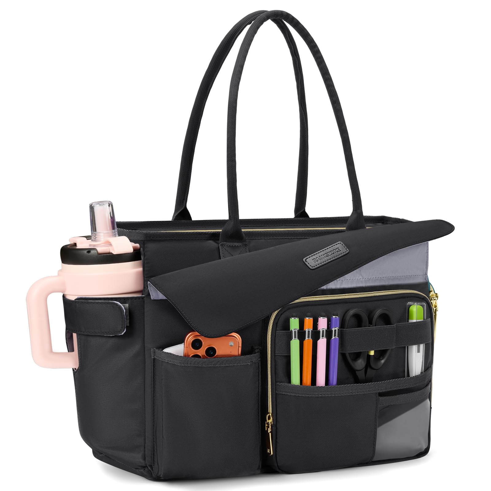 RAINSMORE Lehrertasche Damen mit Lunchfach 17.3 Zoll Laptoptasche Groß Isoliertes Fach Wasserdicht Arbeitstasche für Büro Uni Reisen Shopper Handtasche Schwarz