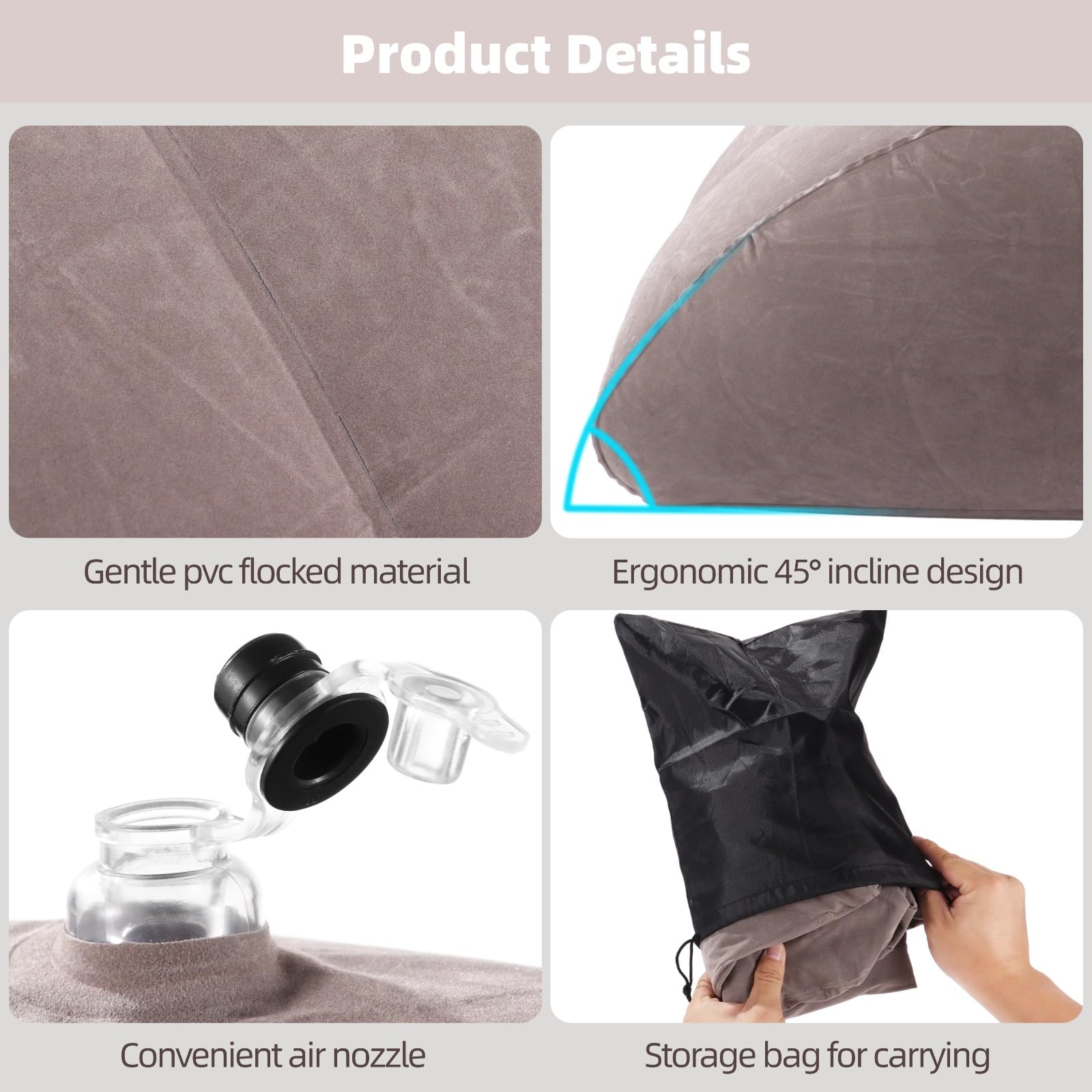 Oreiller gonflable pour surélever les jambes avec sac de rangement, coussin cale à 45° avec pompe à air, gris, repose-jambes après opération pour soutien des genoux et du dos, 25,6 x 22,8 x 9,8 in