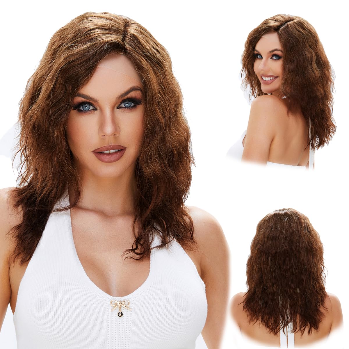 R REEWES FASHION HAIR 13x4x1 Chocolate Brown Glueless Lace Front Wigs Pre Plucked Synthetic Water Wave wig With Reddish Brown Highlight Wear and Go HD lace front Wig for Women