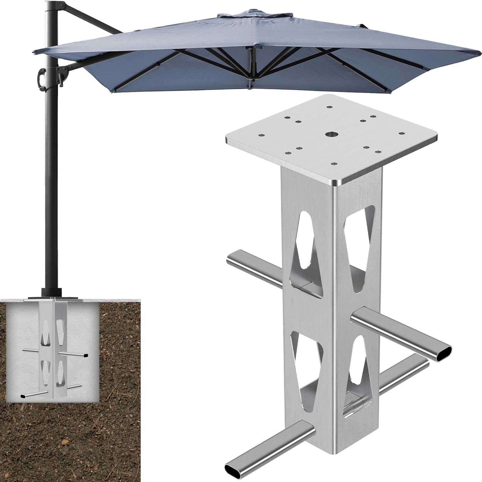 Dolibest Enterré Base de Parasol de Terrasse, Support Parasol Balcon Ancrage Universel pour Parasol Plaque de Fixation au Sol pour Poteau Cantilever Déporté avec 2Tubes pour Cour ou Balcon