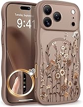 GVIEWIN for iPhone 17 Pro Case Compatible with MagSafe [Curly Wave Edge][Full Camera Protection] Floral Translucent Shockproof Magnetic Women Phone Case for iPhone 17 Pro 6.3'', Floratopia/Brown