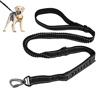 Bungee Hundeleine Reflektierend, 1,2 bis 1,8 m, Schwarz Taktische Hundeleine, mit 2 Komfortabler Gepolsterten Griffen, Autosicherheitsgurt, für Mittelgroße und Große Hunde, Nachttraining, Spaziergänge