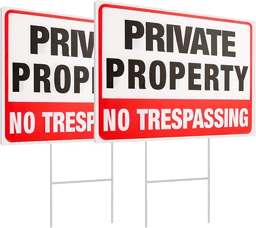 Paquete de 2 carteles de propiedad privada con estacas de alambre de metal en H, 12 x 9 pulgadas, plástico corrugado de doble cara para proteger tu