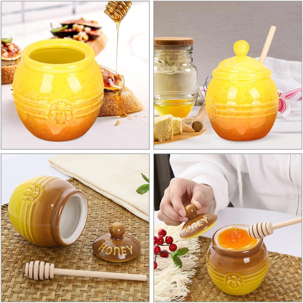 2set Ceramic Honey Pot Lid and Dipper Stick Cute Retro Honey Storage Jar for Home Kitchen for Syrup and Jam