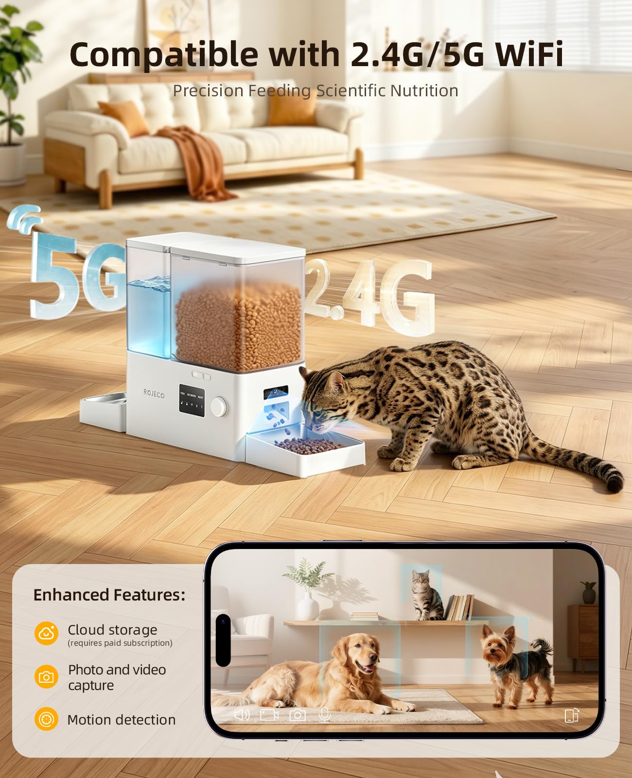 ROJECO 8,5L Comedero Gatos Automático y Fuente de Agua 2-en-1 con Cámara