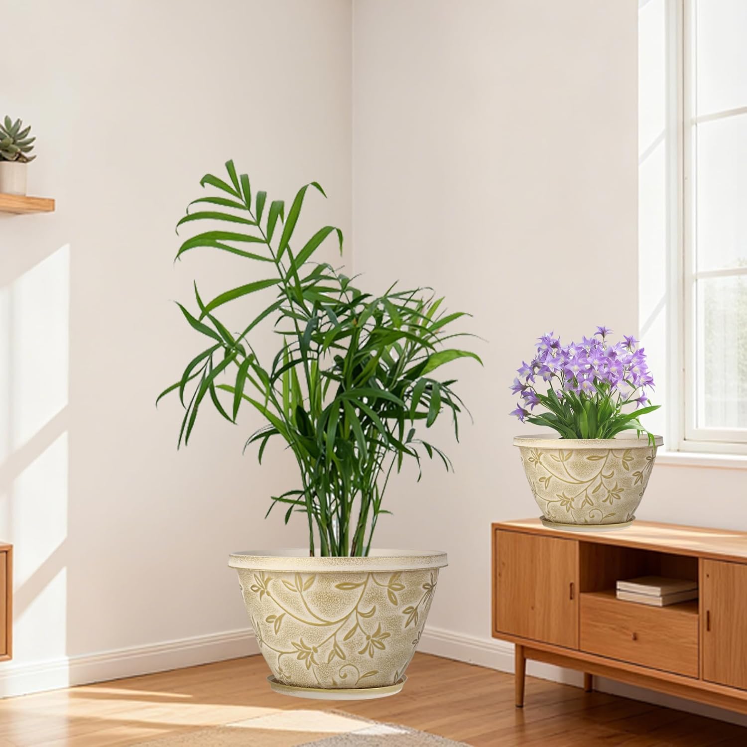 Nooulap 12 Inch Pots for Plants with Drainage, Large Plastic Flower Pots Outdoor Indoor, Decorative Planters with Gold Flower Pattern for Home, Porch, Balcony & Garden (Beige)
