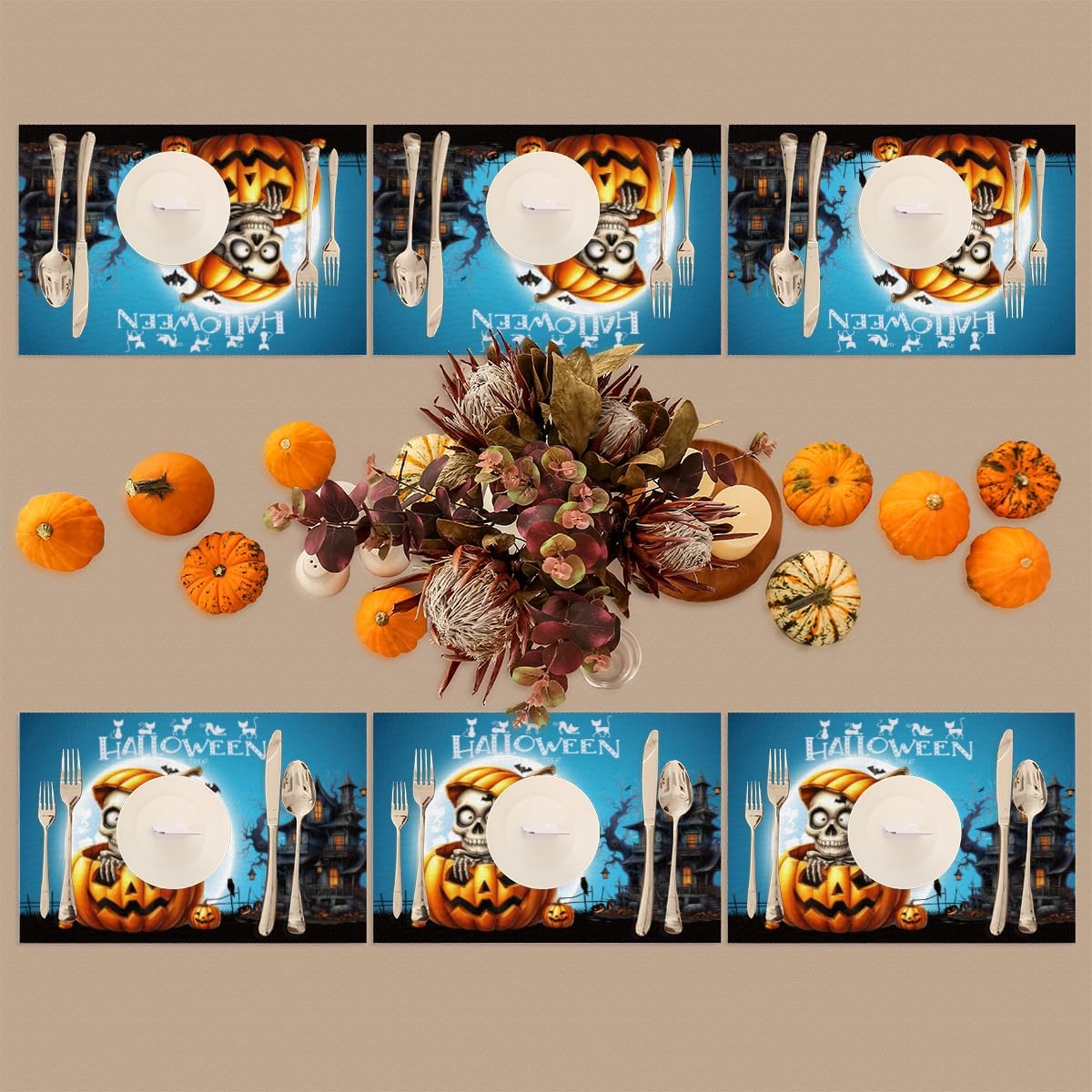 Halloween Pumpkin Skull Goth Placemats Set of 6 PVC Vinyl Non Slip Table Mats Heat Resistant Place Mats Washable Wipeable Dining Table Mat for Kitchen Decor Party Indoor Outdoor Decorative Gift