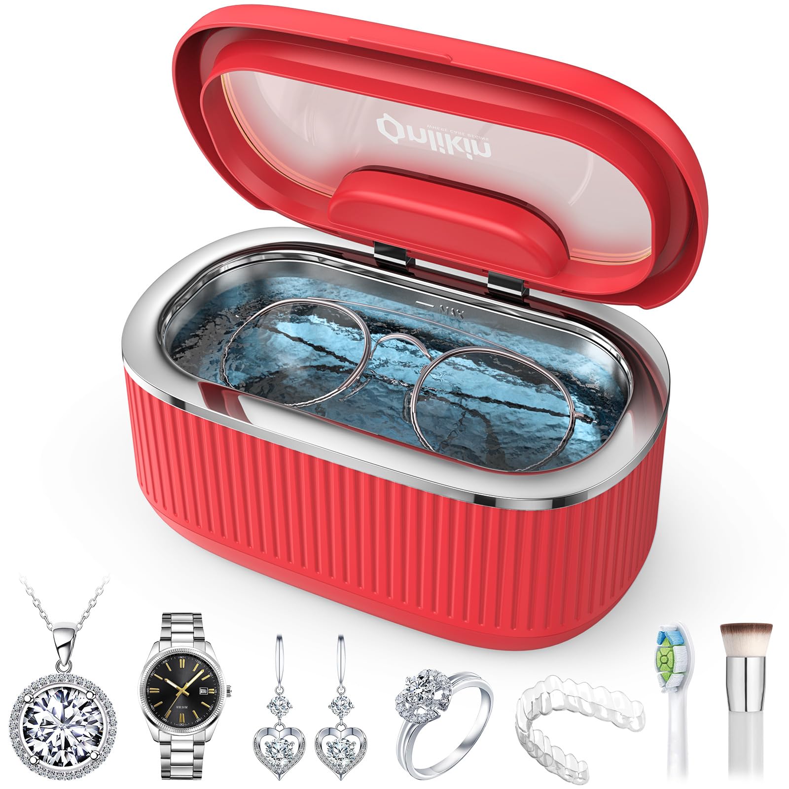 45KHz Ultrasonic Jewelry Cleaner, 5 Timer &amp; 3 Power Modes, 35W Retainer Cleaner for Jewelry, Eyeglasses, Rings, Watch Strap, Dentures - Quiet <38dB, 20oz, 304 Stainless Steel (Red)