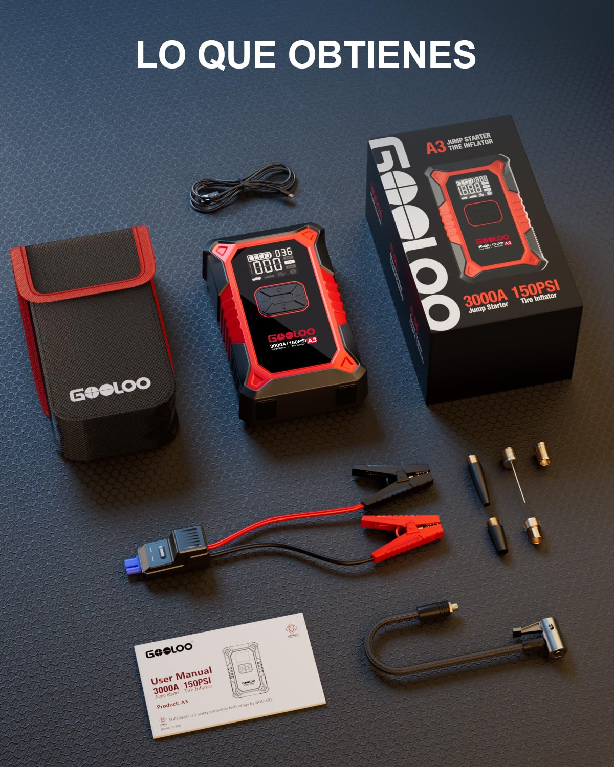 GOOLOO A3 Arrancador de Baterias de Coche con Compresor de Aire, 3000A Arrancador de Coches (9,0 L de Gasolina/6,5 L de Diésel) Arrancador Coche Portatil con Apagado automático de 150 PSI