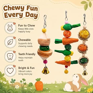3-Piece Rabbit Toys Set, Wood and Corn Husk Skewers for Rabbit Enrichment, Small Pet Chew Toys for Daily Play & Mental Engagement, Space‑Saving Cage Accessories for Multiple Small Animals