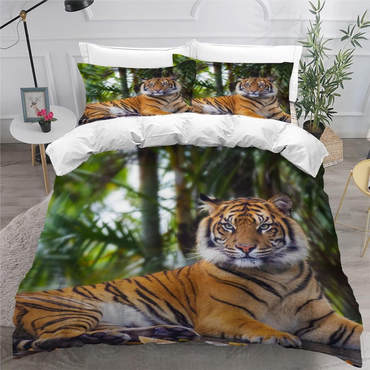 MEVASA Tiger Bedding Set - Microfiber Teen Bedding - Forest Tiger 3D - Anti Allergic Double Duvet Cover Set with Zipper /200x200