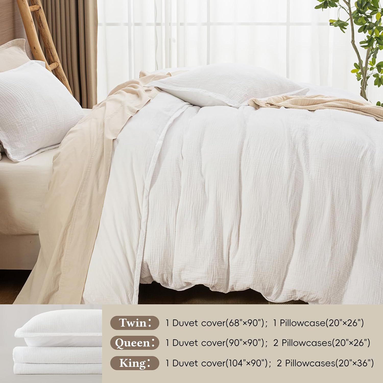 David's Home 100% Cotton Muslin Duvet Cover Set King Size,3 Pcs Ultra Soft Breathable & Lightweight Gauze Bedding Set with 2 Pillowcases,Textured Home Decor with Button, 104"×90" White,No Insert