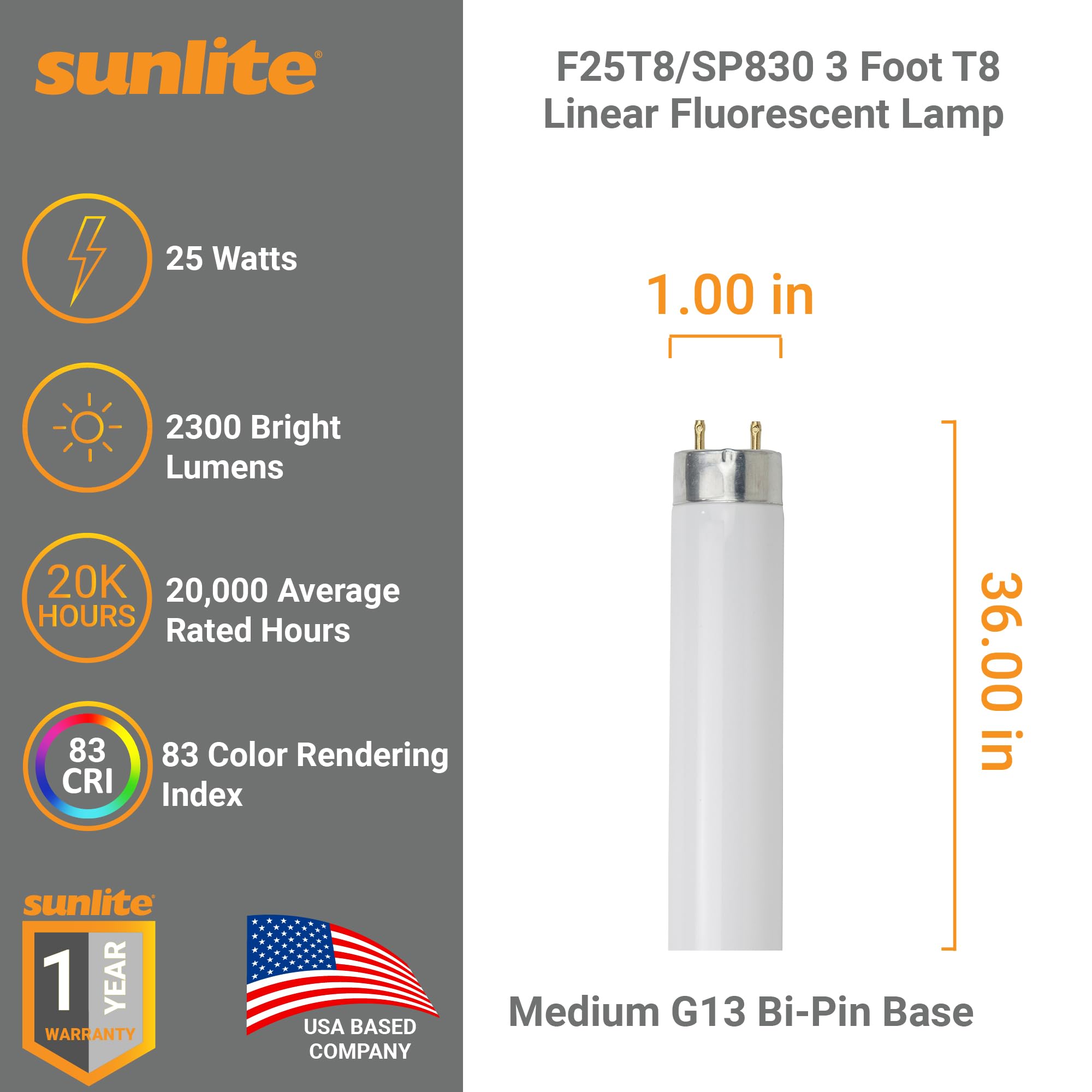Amazon.com: Sunlite F25T8/SP830 3 Foot T8 Linear Fluorescent Lamp