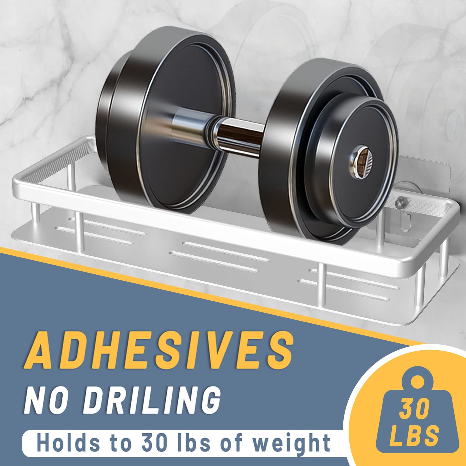 QEWEEQ 3 Pack Shower Caddy, Adhesive Shelf Wall Mounted Bathroom Shower Organizer, No Drilling Kitchen Racks Shower shelves, Aluminum Storage Organizer for Bathroom, Kitchen and Dorm, Silver