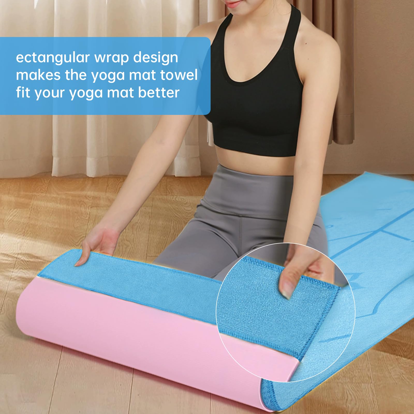 CSITE Toalla para esterilla de yoga con puntos de agarre de silicona y diseño rectangular, toalla antideslizante con línea de alineación + 1 toalla de mano, 72 x 24 pulgadas, azul oscuro