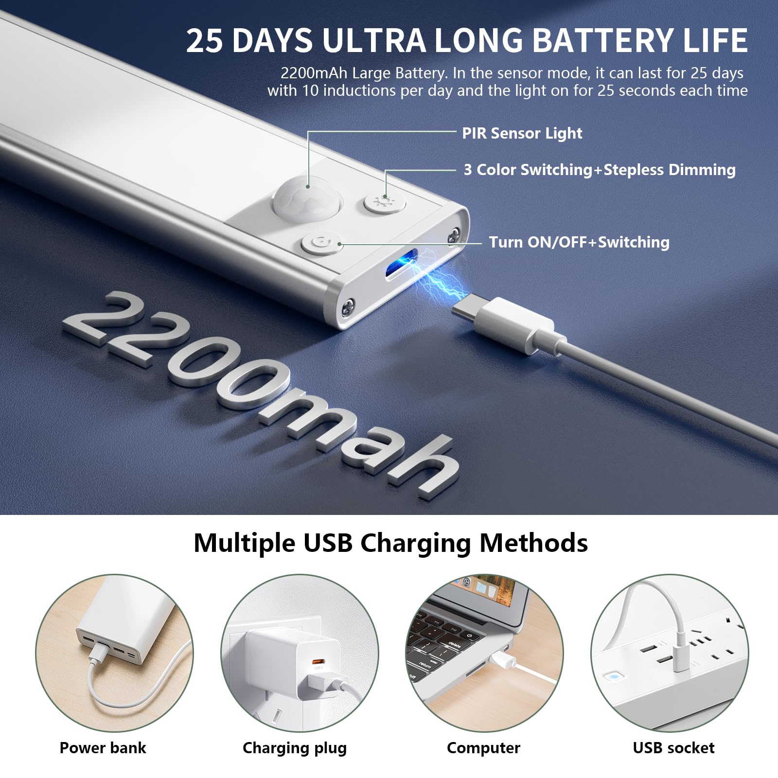 2 Luci Armadio LED TRUMPETS Con Sensore Movimento - 30cm, 3 Colori, Ricaricabile USB-C, Magnetiche - Foto 4