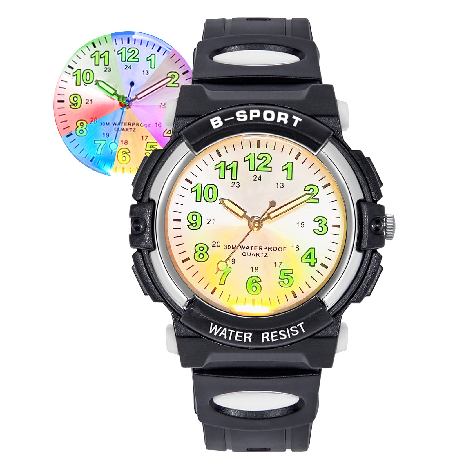 DTKID 7 Colorful Lights Children's Watch Boys Girls, Kids 30 M Waterproof Analog Watches Soft Rubber Band, Easy to Read Dial Time Lessons Wristwatch Children 5-18 Years Old