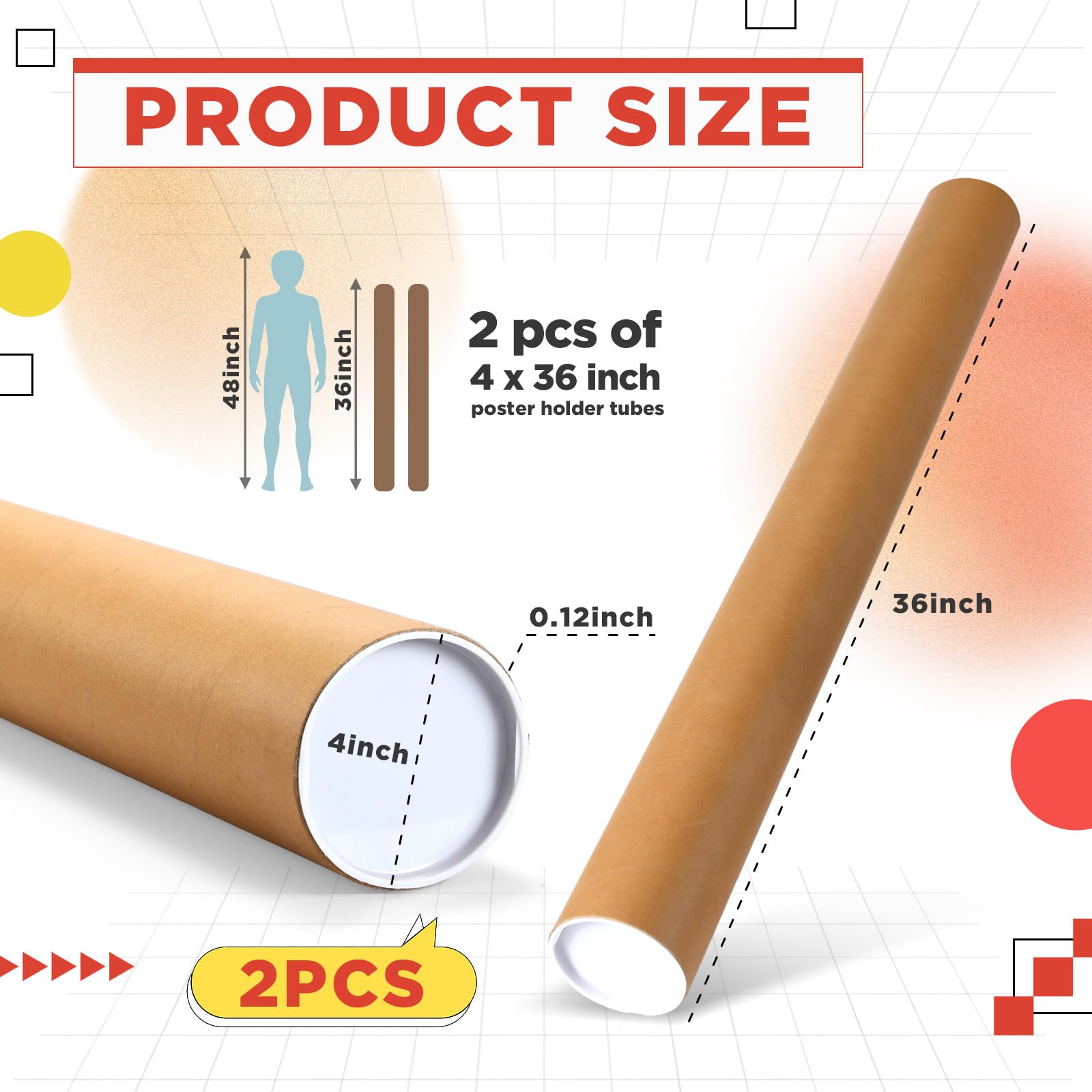 Dunzoom Paquete de 2 tubos de correo de 4 x 36 pulgadas, tubo de papel kraft de 0.12 pulgadas de grosor con tapas de plástico, tubos de envío para correo, almacenamiento de artículos enrollados,