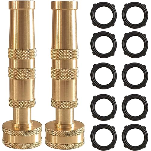Hourleey Adjustable Twist Hose Nozzle, 4" Heavy-Duty Brass Hose Nozzle with 10 Garden Hose Rubber Washers, 2 Pack