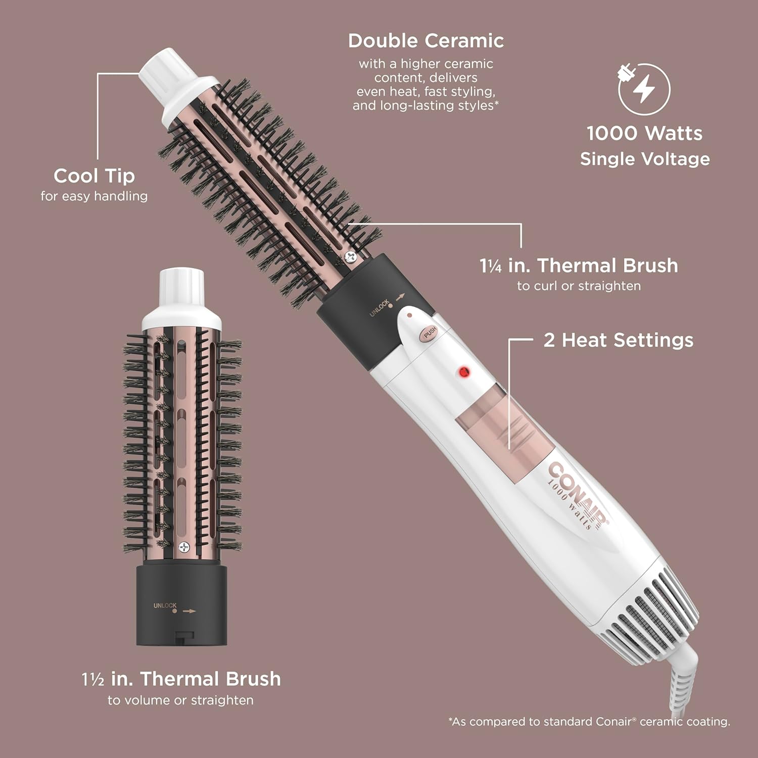 Conair Double Ceramic 2-in-1 Hot Air Brush, 1000W, Interchangeable 1¼" & 1½" Thermal Brushes for Voluminous Curls & Straight Styles, Hot Brush for Fine & Thick Hair - Image 3