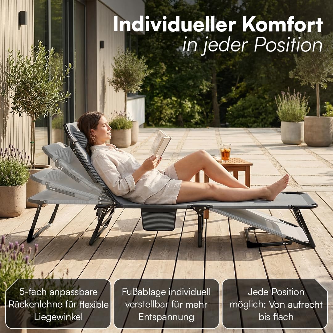 STEELSØN Nysaris Sonnenliege Klappbar – Strandliege in Grau/Schwarz – Outdoor Gartenliege wetterfest – Liegestuhl mit Polsterauflage – leichte Campingliege verstellbar mit Seitentasche – bis 180 kg