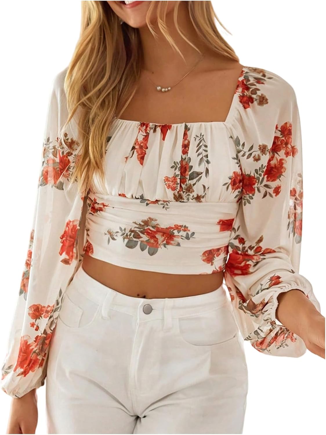 SweatyRocks Women's Floral Print Ruched Crop Tops Casaul Blouses Square Neck Long Sleeve Tee Apricot X-Large - Image 5