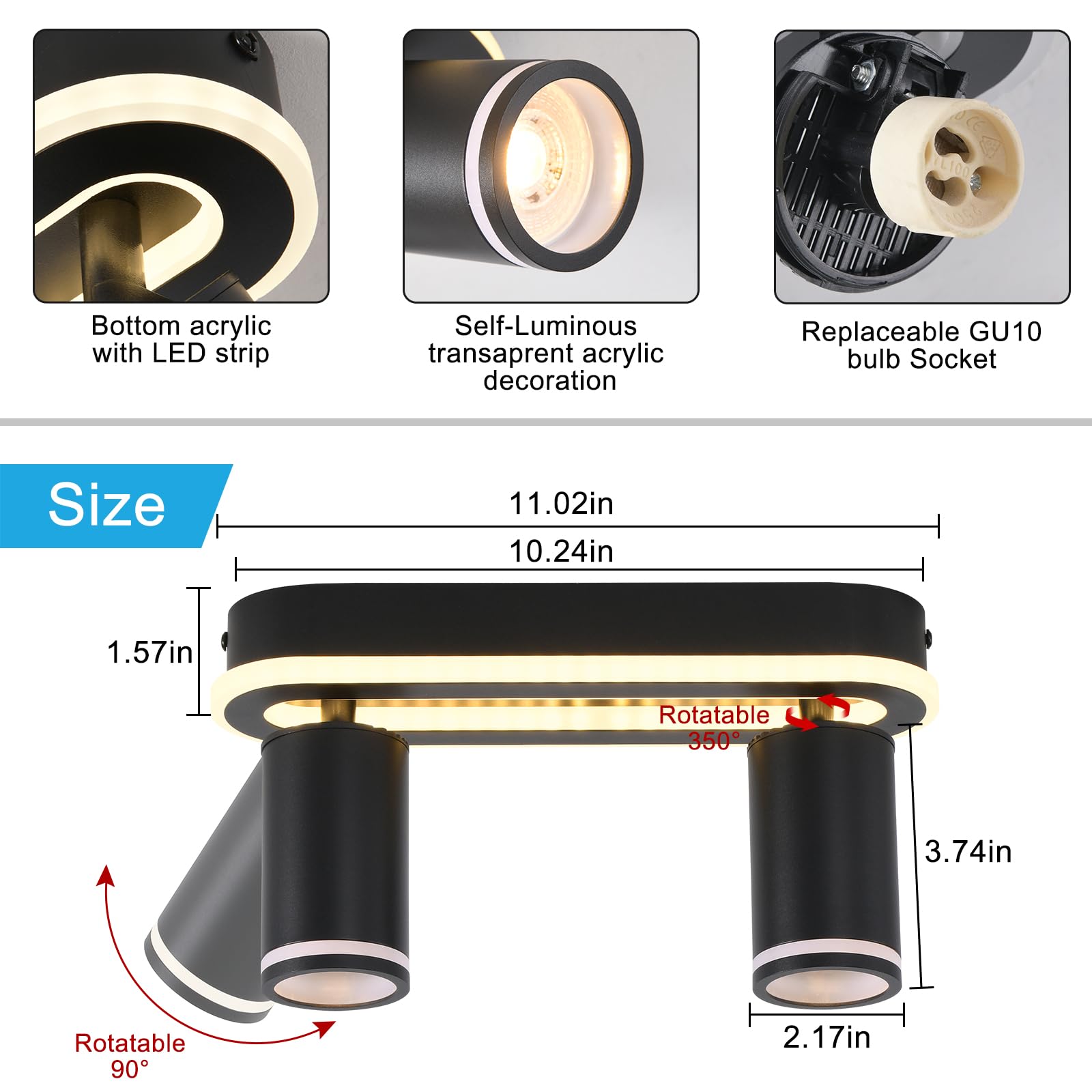 SANSHI Faretti da Soffitto Orientabili Interno LED 2 Luce,Faretti da Parete con Inferiore 15W+2x5W,GU10 Lampadario Faretti,Moderna Plafoniera Faretti Bianco Caldo 3000K per Cameretta Cucina Barra,Nero