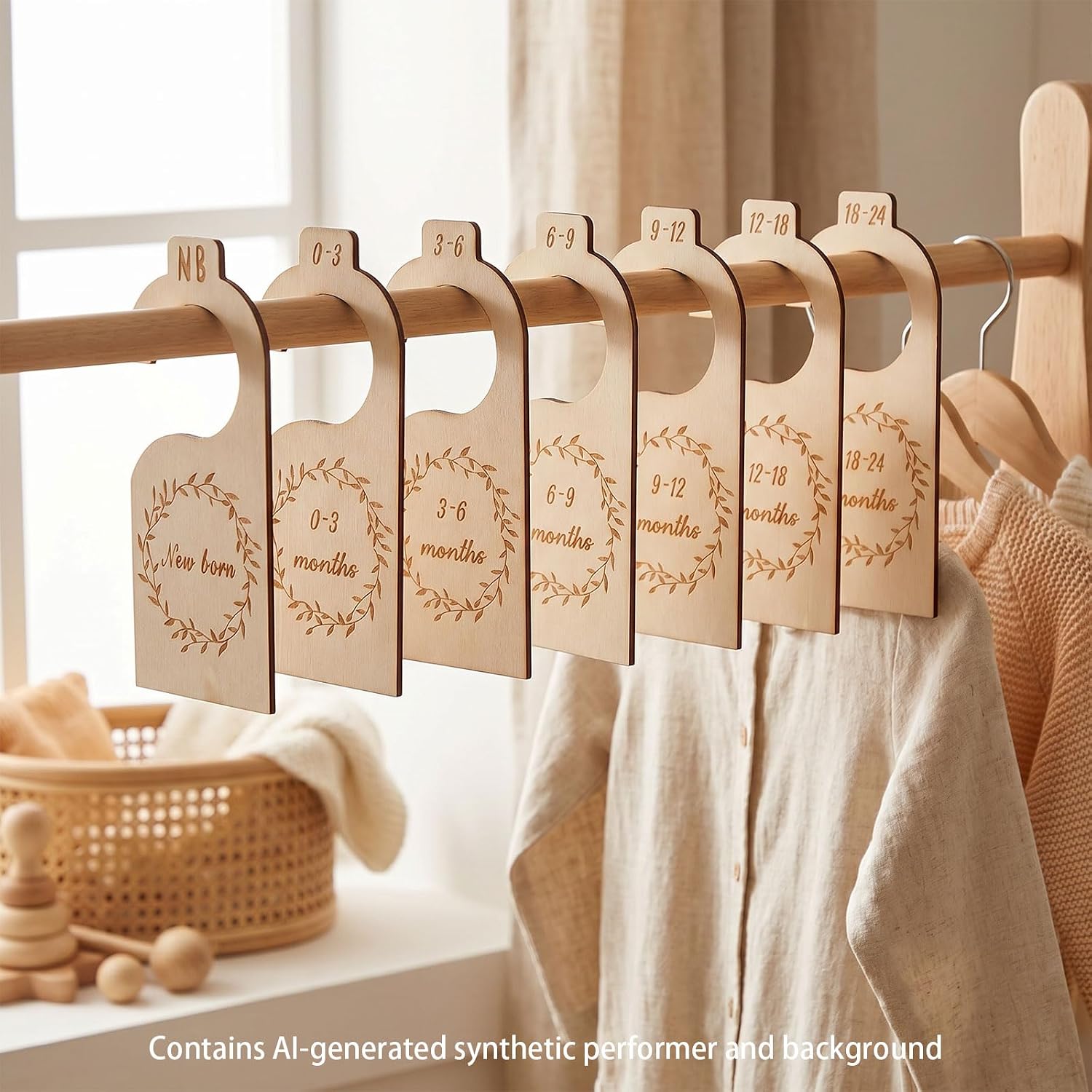 Baby Closet Dividers 0-24 Months, 7 Pack Wooden Nursery Closet Organizers with Rainbow Design, Double-Sided Clothing Size Dividers for Baby Boy Girl