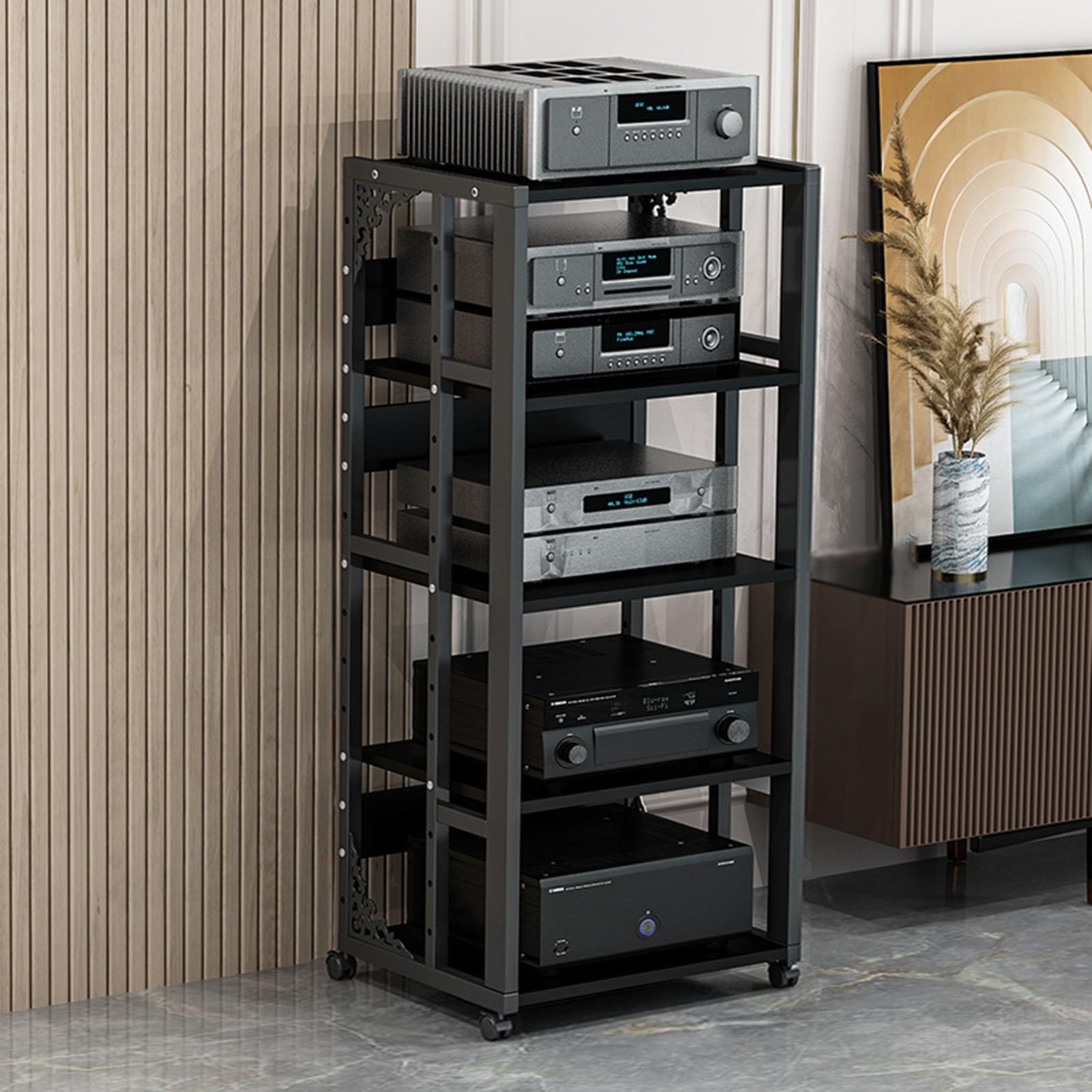 5 Tier AV Media Stand Stereo Component Cabinet CD Player Stand Movable Audio Rack Tower with Height Adjustable Wooden Shelf for Home/Office/Theater/Recording Room, 50x40x109cm (Color : Black)