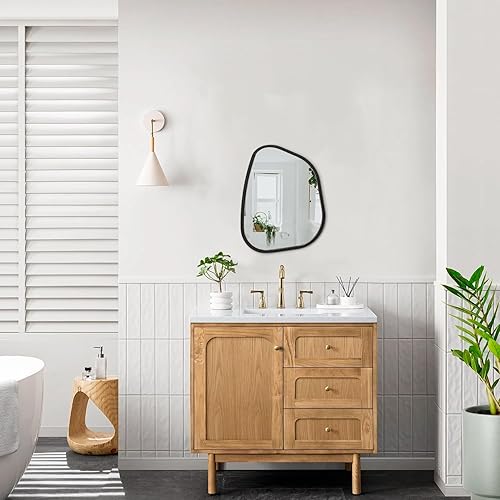 Miniatura 232 de Espejo de pared irregular de 26 x 18 pulgadas, espejo de baño grande asimétrico con marco de madera, espejos decorativos artísticos modernos