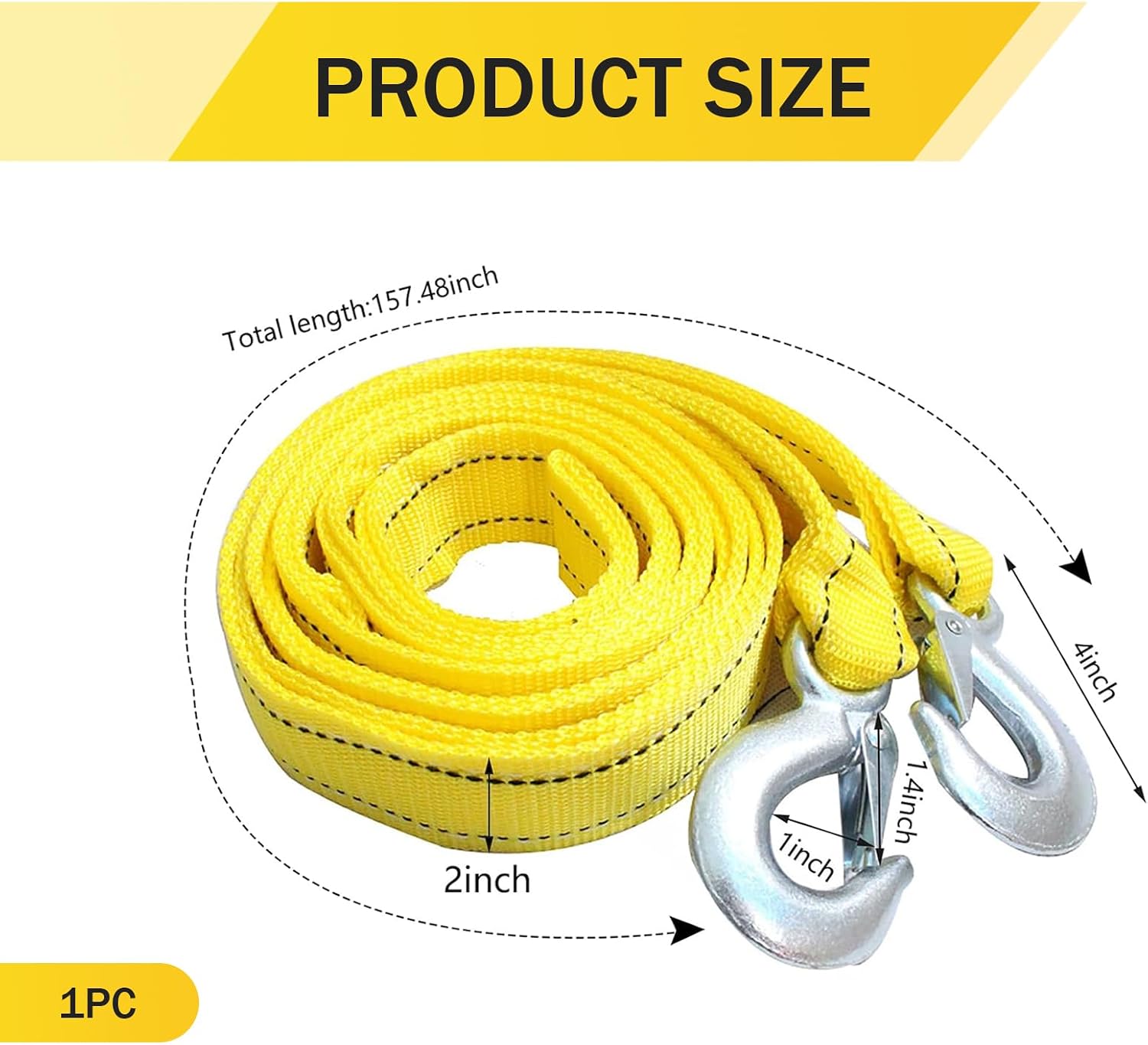 Nylon Tow Strap, 2" x 13' ATV Heavy Duty Tow Strap with Hooks, Car Vehicle Heavy Duty Recovery Rope, Universal for Car Truck ATV SUV (Yellow)