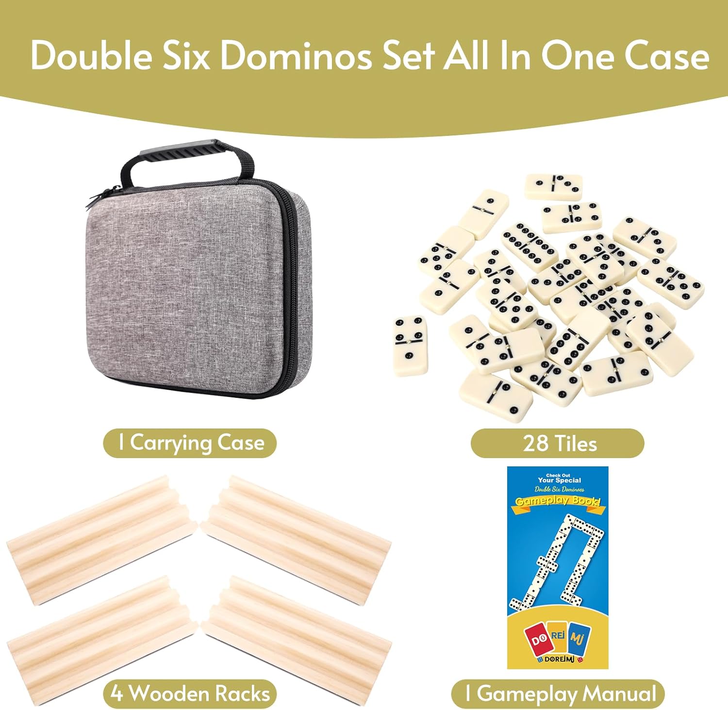 Doreimi Double 6 Dominos Set for Adults with 4 Wooden Racks & 28 Tiles Travel Dominoes Set Classic Board Game for Family Game Night
