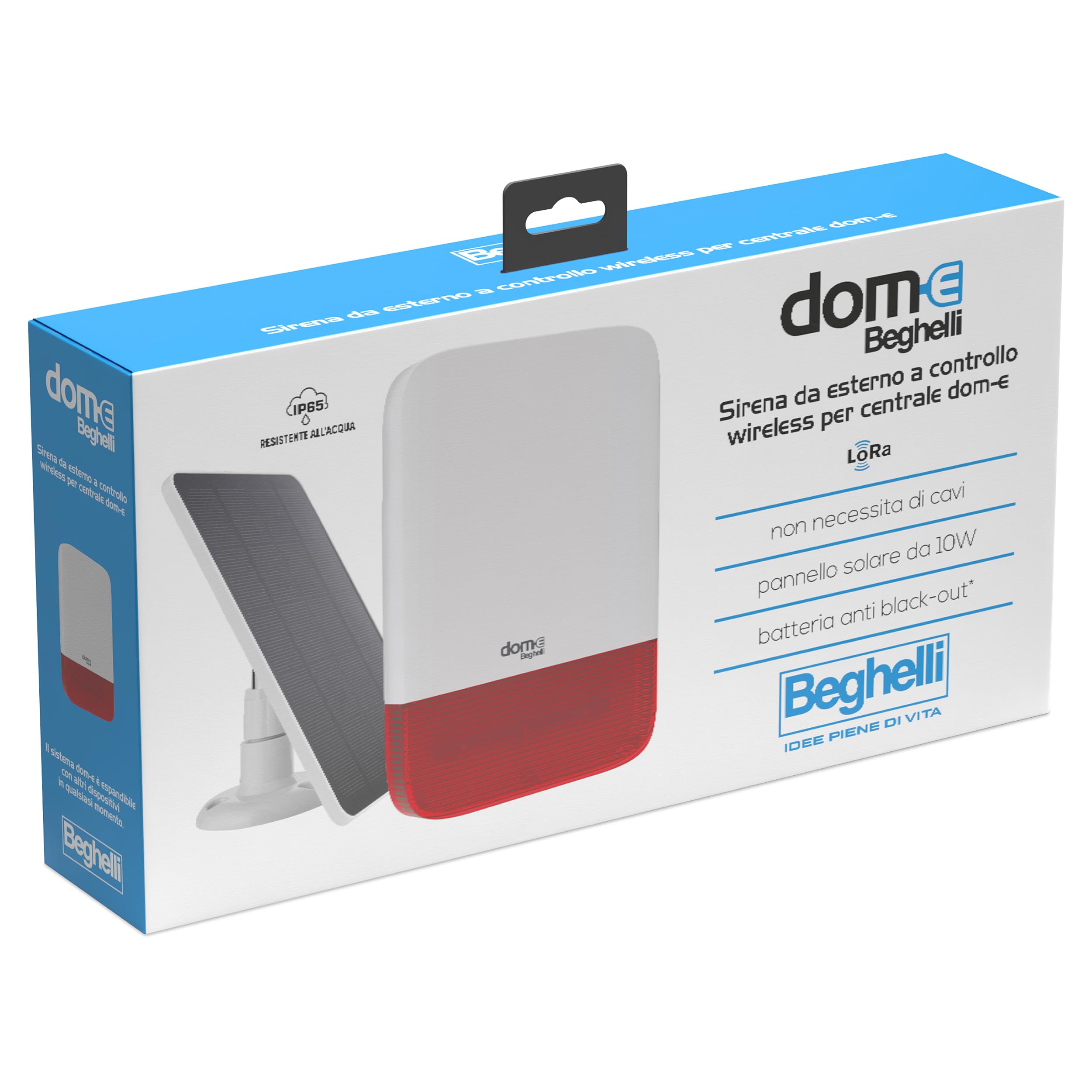 Beghelli - Dom-en, bezprzewodowa syrena zewnętrzna, zasilanie słoneczne 10 W i sieć 230 V, technologia LoRa, do centralnego Dom-e Cod. 60105, IP65, sygnalizacja świetlna i dźwiękowa
