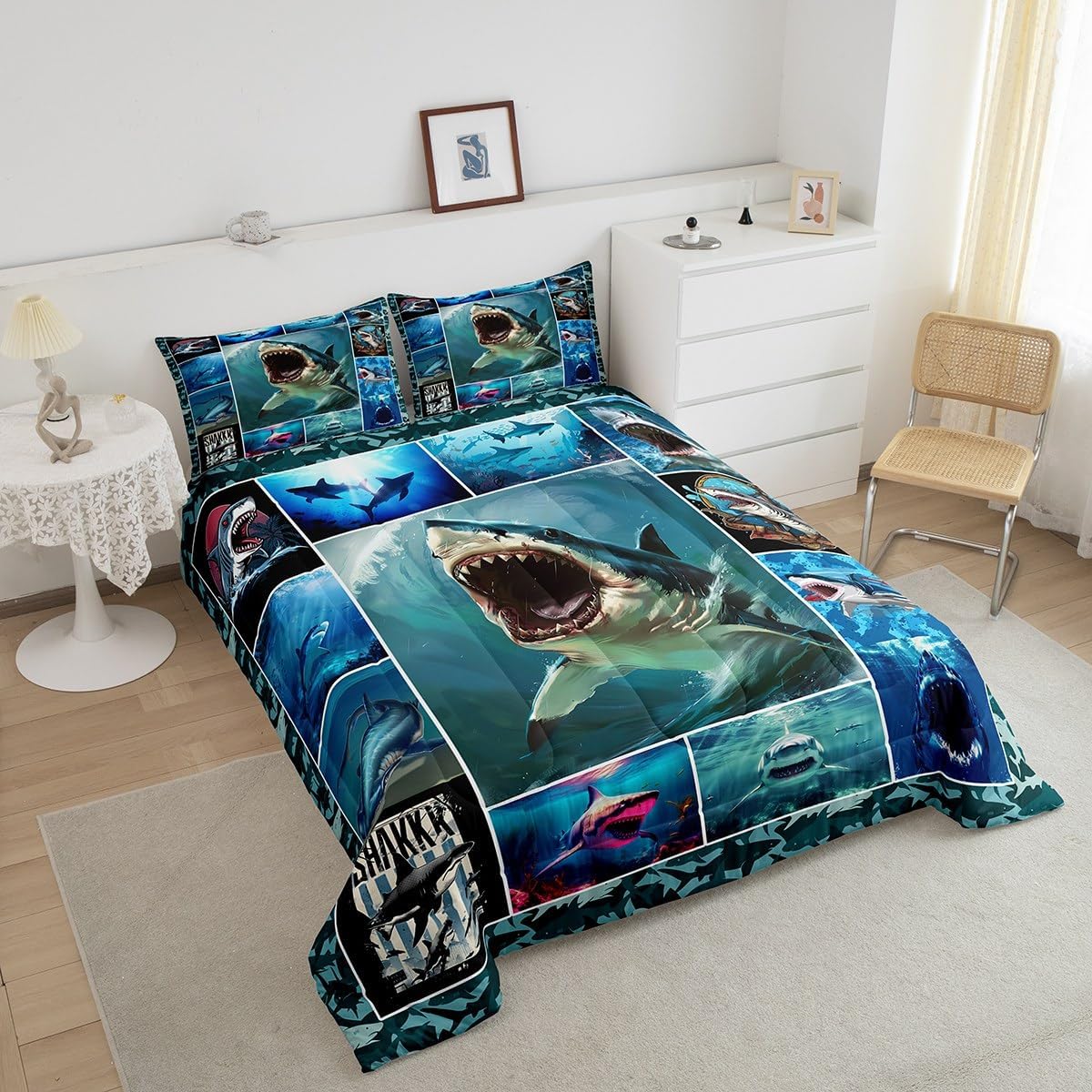 Homewish 3D Shark Full Size Comforter Set,Sea Animals Bedding Set for Adults Teens,Children Shark Geometric Comforter Luxury Grid Squares Quilt Set Room Decor 3Pcs