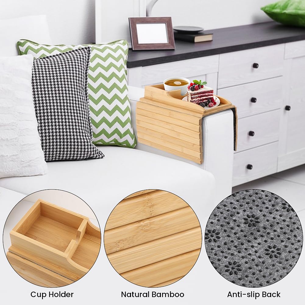 Bamboo Sofa Armrest Tray With Cup Holder, Anti-Slip Foldable Table for Drinks Cellphone, Remote Control, Brown - Image 4