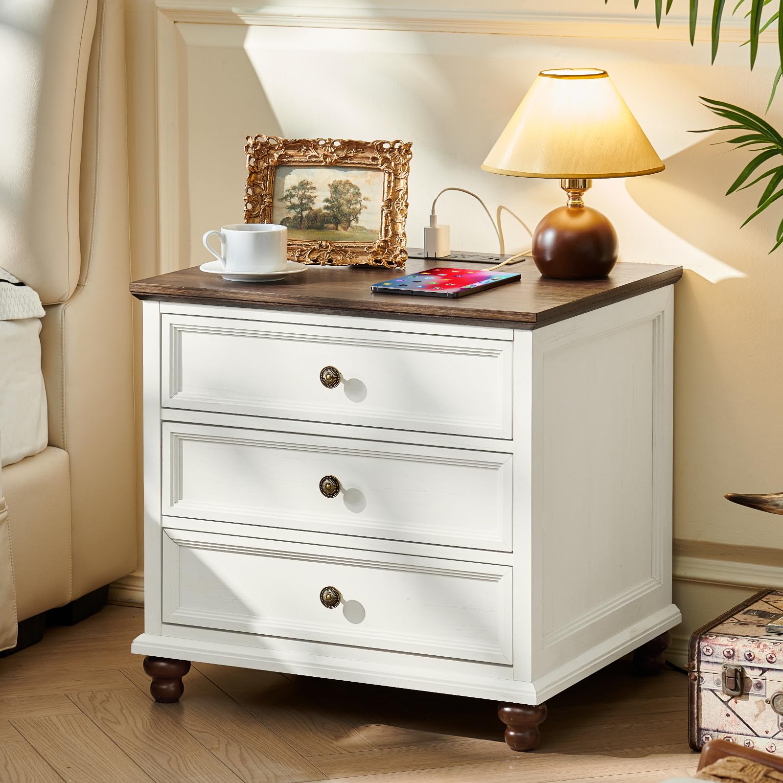 Joaxswe Farmhouse Nightstand with Charging Station, 24" Wide End Table with 3 Drawers,White Wood Dresser for Bedroom, Bed Side Table Chest of Drawers Cabinet,Night Stand for Living Room, Closet