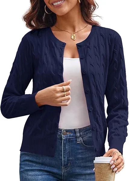 GRACE KARIN Womens 2025 Long Sleeve Button Up Cardigans Lightweight Cable Knit Button Down Sweaters for Women Blue M