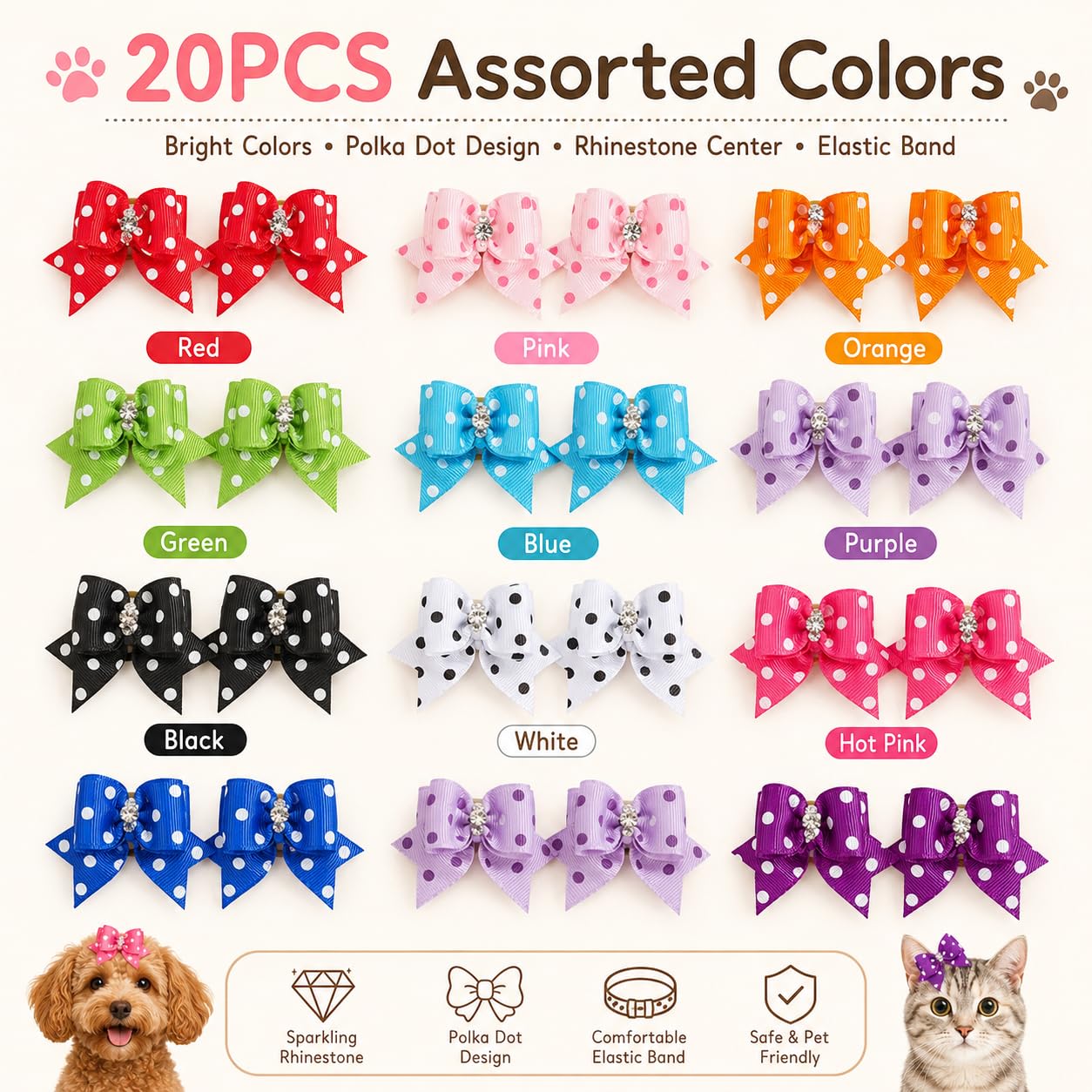 Fiocchi per Pelo di Cani e Gatti a Pois con Elastico, Accessori per Animali Domestici, Colori Casuali, ca. 6 x 4 x 2 cm