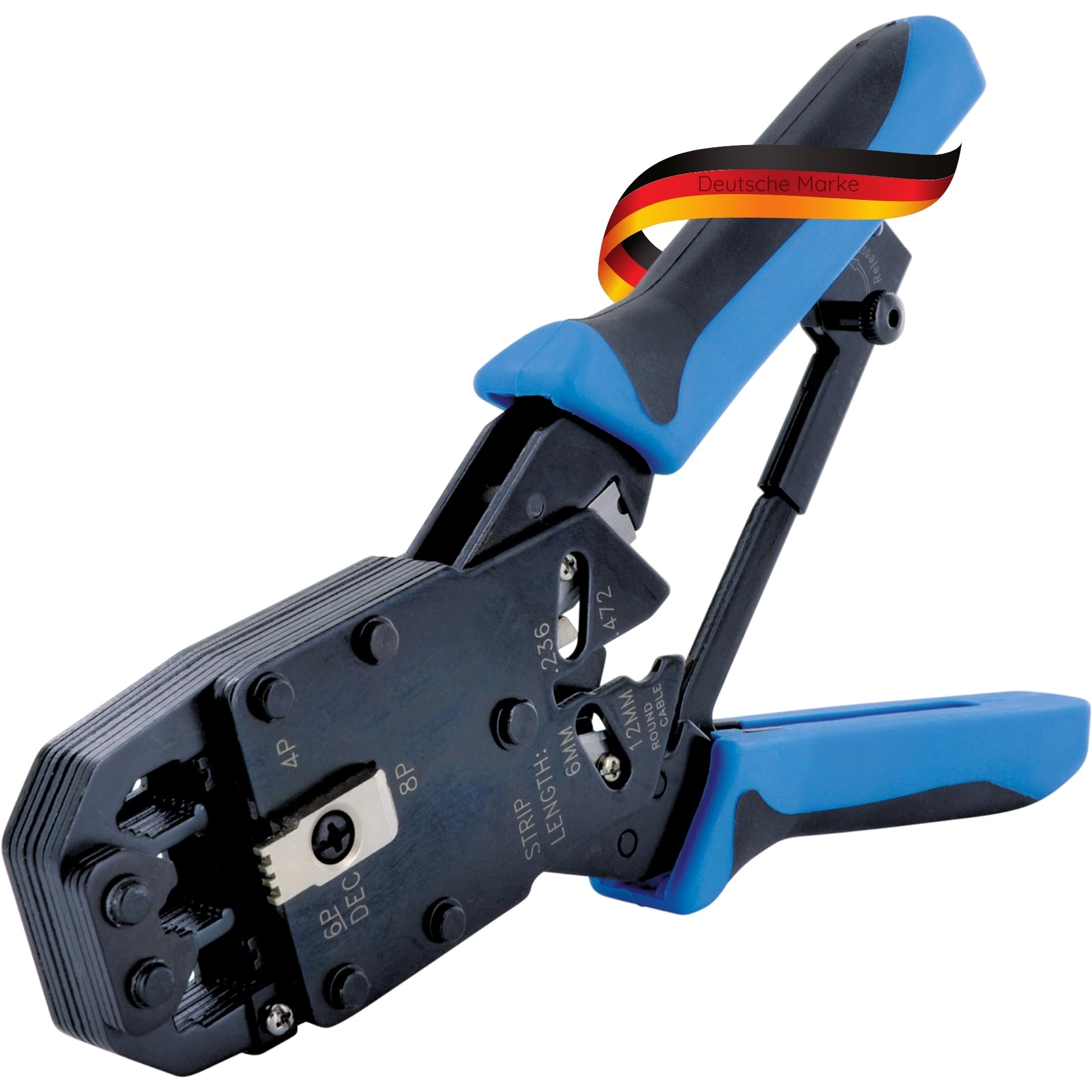 Schwaiger Crimpzange Universal Kabelwerkzeug für RJ11 RJ12 RJ45 4P4C & 4P2C Schwarz/Blau