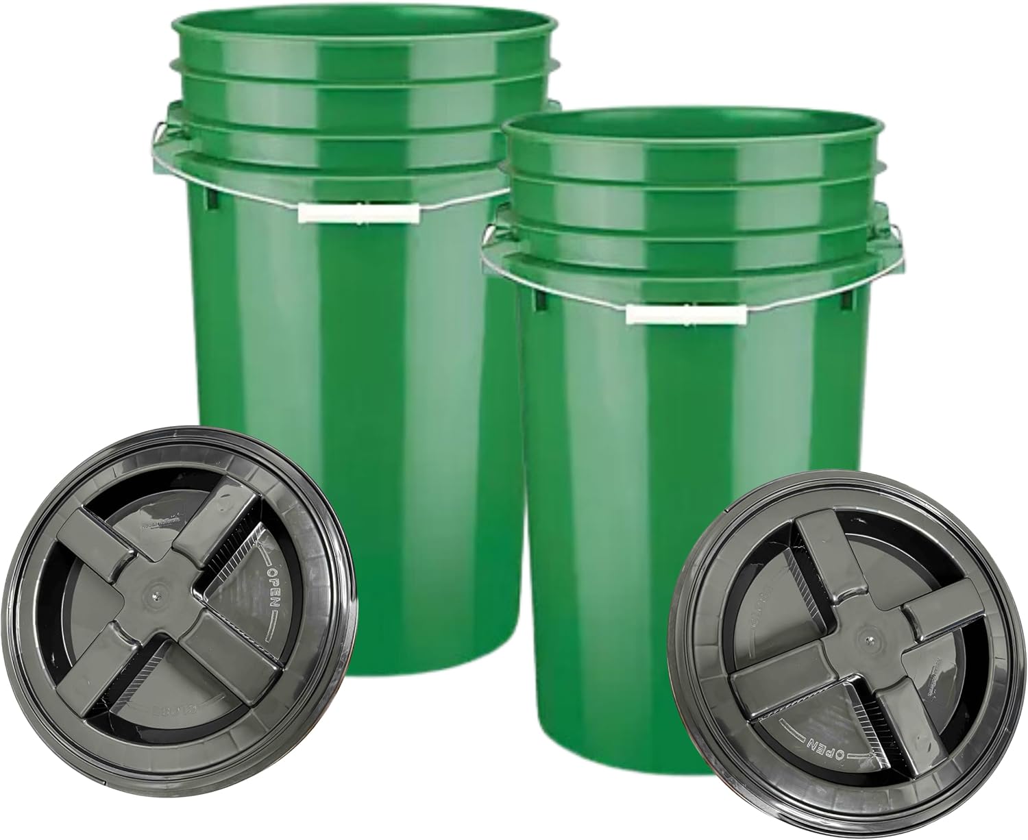 House Naturals 7 Gallon Large Green Food Grade - BPA Free- Made in USA Bucket Pail Container with Black Screw On Gasket lid (Pack of 2)