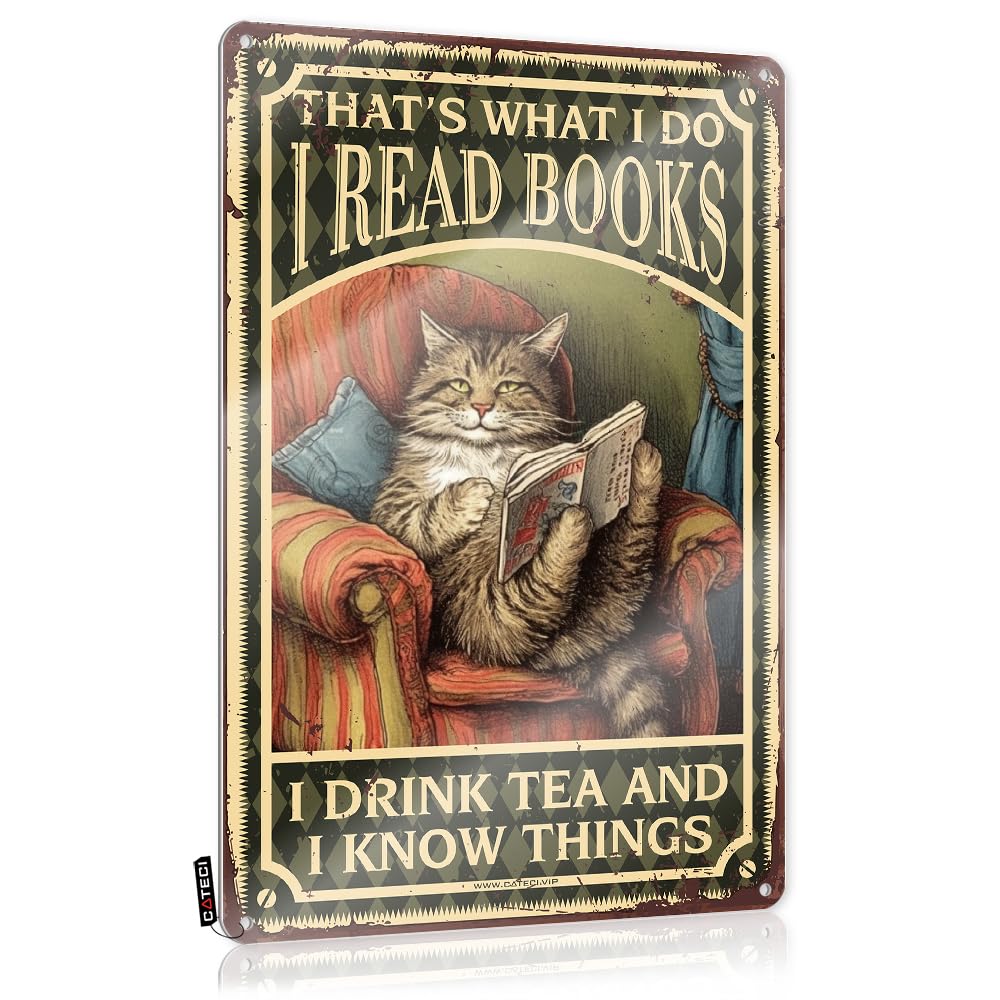 MWFKKADDB Tin Metal Bar Signs Cat Kitty I Read A Book And Drink Tea Tin Sign Emo Room Decorwhimsical Decorcute Office Decorgarage Signs For Men Bedroom Door Decor Beer Bar Metal Sign(30X40CM)
