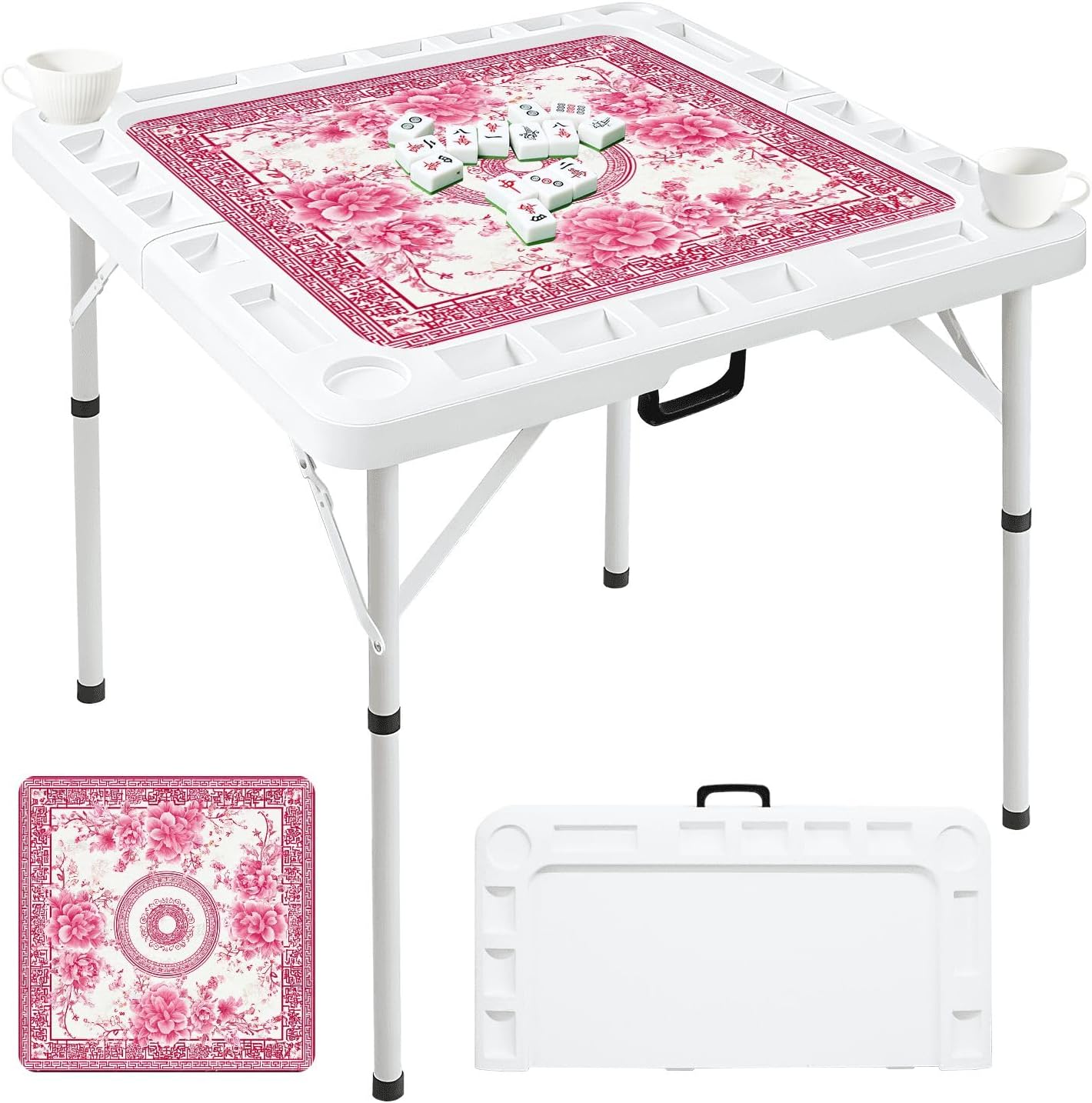 Folding Mahjong Table with Floral Butterfly Frame Soft Pink Pastel Decorative Border Wear-Resistant Mahjong Mat, 4 Cup Holders & Chip Trays for 4 Players Square Portable Card Table for Poker Domino