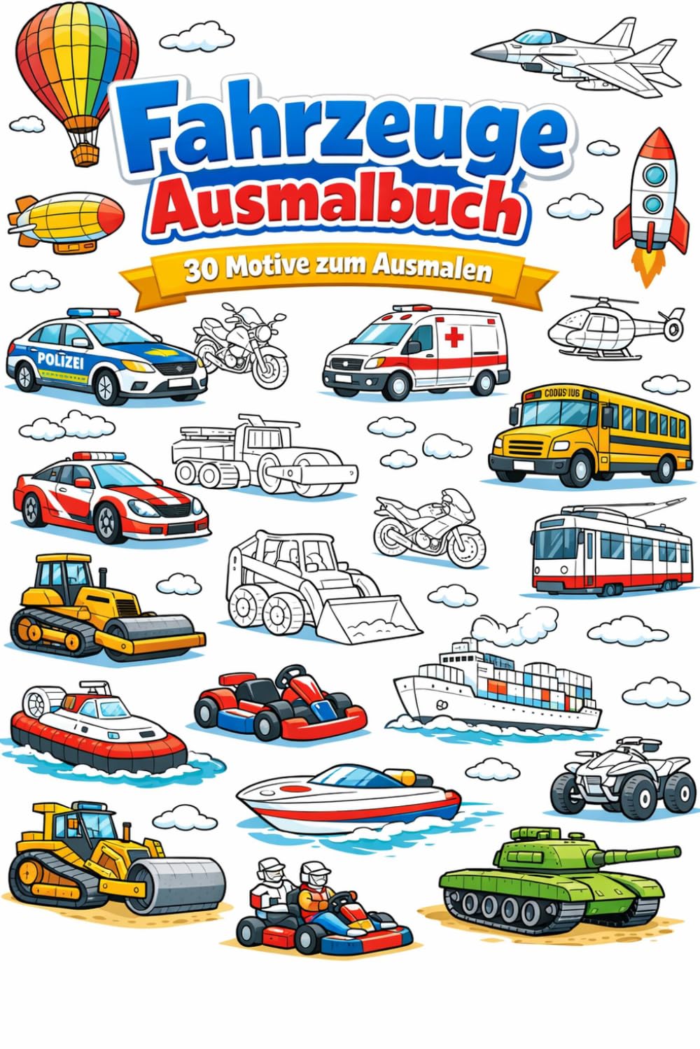 Fahrzeuge Ausmalbuch für Kinder ab 4 Jahren - 30 einfache Motive zum Ausmalen – Autos, Bagger, Feuerwehr, Flugzeuge und mehr