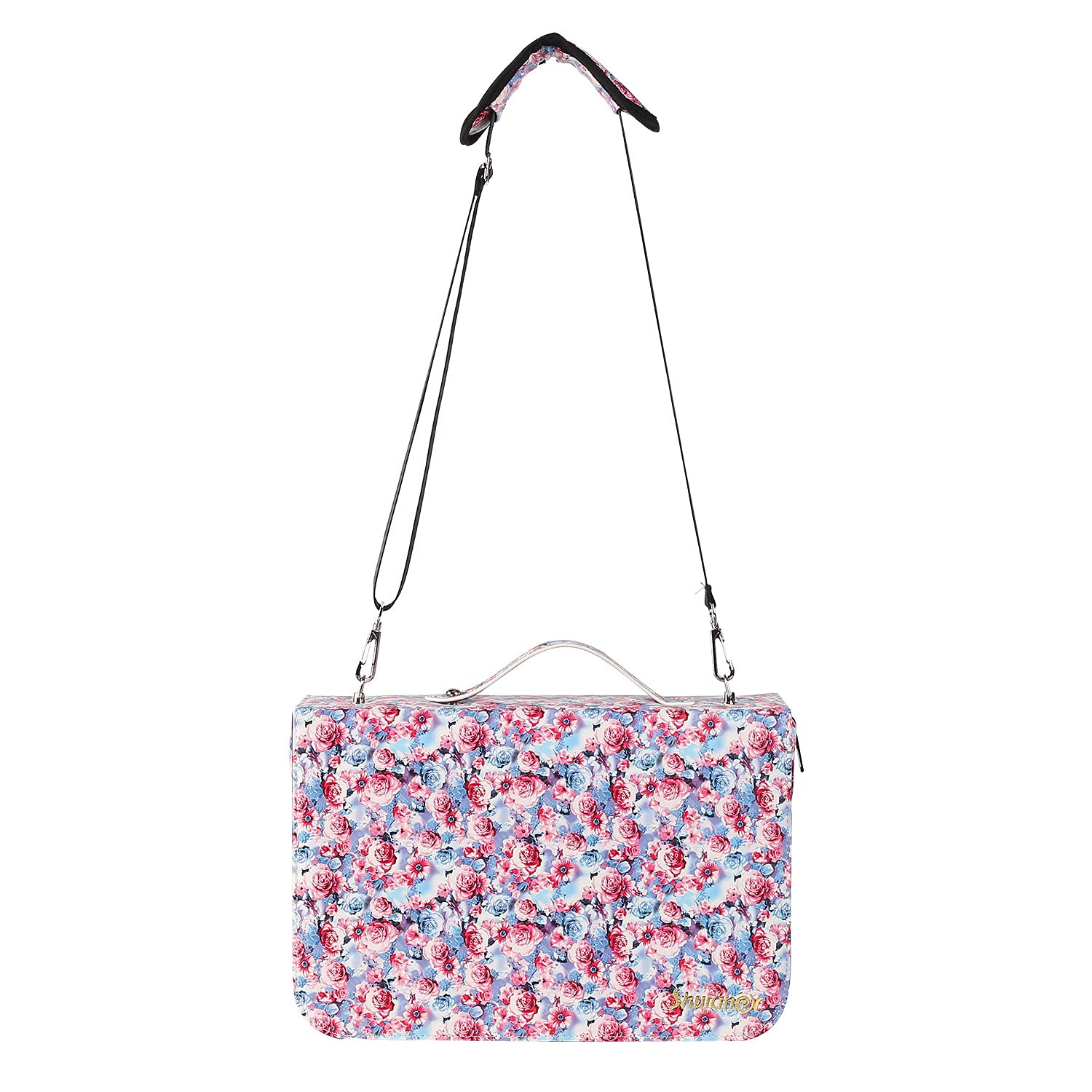 Shulaner Federmäppchen mit 180 Fächern, Blätterdruck, Buntstiftehalter, großes Fassungsvermögen, tragbares Federmäppchen, Organizer (rosa Blume, 290)